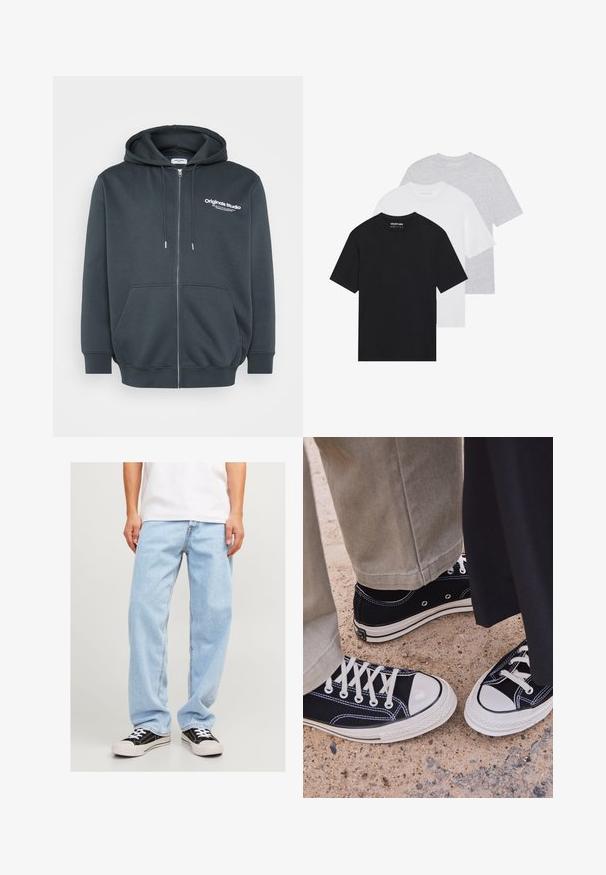 Felpa grigia scura con zip realizzata in tessuto misto cotone, con logo frontale, cappuccio regolabile con cordino e tasche a marsupio frontali.; Set di tre t-shirt base in nero, bianco e grigio chiaro. Maniche corte, colletto rotondo, realizzate in cotone morbido. Logo del marchio visibile.; Jeans in denim azzurro chiaro con vestibilità comoda, caratterizzati da un design a gamba dritta e cuciture standard, abbinati a sneaker nere.; Sneakers neri in tela con punte e lacci bianchi in gomma. Le cuciture a contrasto e i fori in metallo aggiungono dettagli. Indossati con pantaloni beige e un tessuto nero.