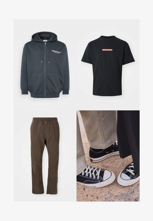 Tmavě šedá mikina na zip vyrobená z bavlněné směsi, s předním logem, nastavitelnou kapucí na šňůrku a klokaními předními kapsami.; Černé tričko s krátkým rukávem se malým červeným a bílým logem Quiksilver umístěným uprostřed na hrudi, vystavené na jednoduchém bílém pozadí.; Hnědé volné kalhoty s elastickým pasem a šňůrkou, rovný střih, vhodné pro každodenní nošení.; Černé plátěné tenisky s bílými gumovými špičkami a tkaničkami. Protišvy a kovové očko dodávají detail. Nosené s béžovými kalhotami a černou látkou.