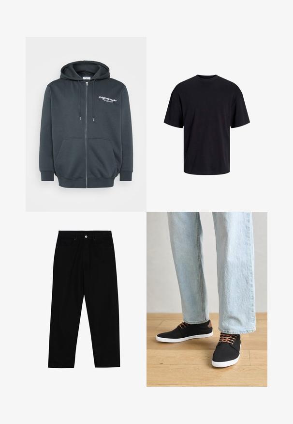 Tumehall hallitus, mis on valmistatud puuvilla segu materjalist, esitades ees oleva logo, reguleeritava nööriga kapuutsi ja ees olevad kenguroo taskud.; Must must on mustre, lühikeste varrukatega ja vabalt langev. Sile tekstuur ja ilma nähtavate mustrite või aktsentideta.; Mustadest denimist püksid, millel on sirge jalg, viie tasku disain ja eesnupuga sulgur. Sile tekstuur koos minimaalsete õmblustega.; Mustad musta kangast tossud pruunide aktsentide, valge kummitaldade ja pruunide paeltega, koos helesiniste sirgete jalgade teksadega. Puidust põranda taust.