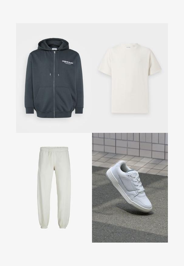 Sötétszürke, cipzáros kapucnis pulóver, amely pamut keverékből készült, elöl logo található, állítható zsinóros kapucnival és kenguruzsebekkel rendelkezik.; Fehér, rövid ujjú póló bordázott textúrával. Kerek nyakkivágás, laza szabás, nincs látható minta vagy díszítés. Egyszerű és sokoldalú dizájn.; Fehér melegítőnadrág, puha anyagból készült, rugalmas derékrésszel és mandzsettával, sima tapintású és laza szabású.; Fehér bőr sneaker perforált oldalakkal, texturált részletekkel, lapos fűzőkkel és kontrasztos szürke sarokkal. Enyhén megemelt talppal rendelkezik.