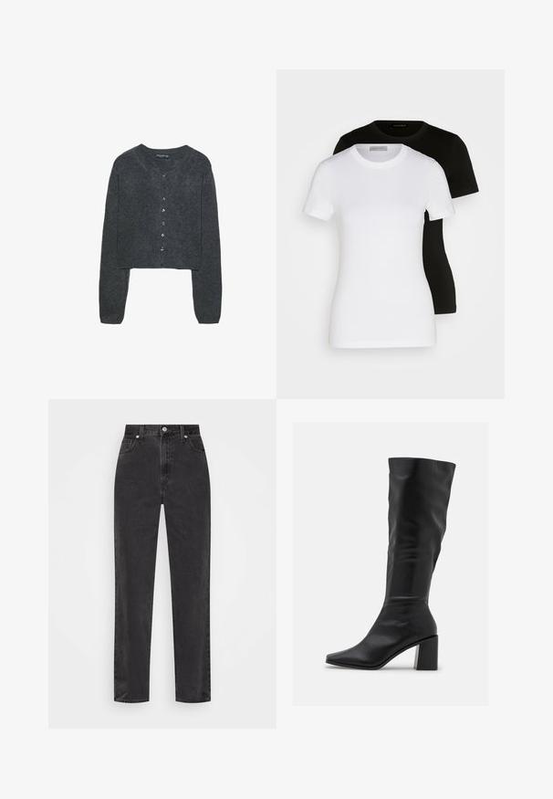 Stradivarius SOFT TOUCH - Kardigan - dark grey; Dvé trička s krátkým rukávem v černé a bílé barvě. Vyrobena z hladké bavlny, mají klasický kulatý výstřih a standardní střih.; Černé džíny se rovnými nohavicemi a vysokým pasem, se zapínáním na knoflík a zip, a pěti kapsami na bílém pozadí.; RAID BLICK - Vysoká obuv - black