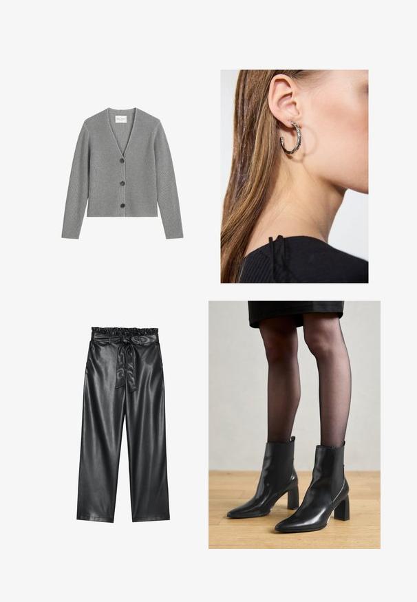 Szürke bordázott kardigán, puha kötött anyagból készült, V-nyakkal, hosszú ujjakkal és három fekete gombbal az elején.; Fehér hosszú ujjú blúz klasszikus gallérral, elöl gombos záródással és összegyűrt oldali részletekkel. Simára szőtt anyag, testhez álló fazonban.; Fekete műbőr, bő szárú nadrág rugalmas, fodros derékkal és levehető övvel. Sima textúra és minimális fényesség.; Fekete bőr bokacsizma, hegyes orral, vastag négyzetes sarkal és letisztult dizájnnal. Az egyszerű felvételt segítő elasztikus oldalsó panelek jellemzik.; Ez egy ezüst fülbevaló, sima felülettel, amelyen apró arany díszítőelemek találhatók. Kerek formájú és a fülcimpán viselik.