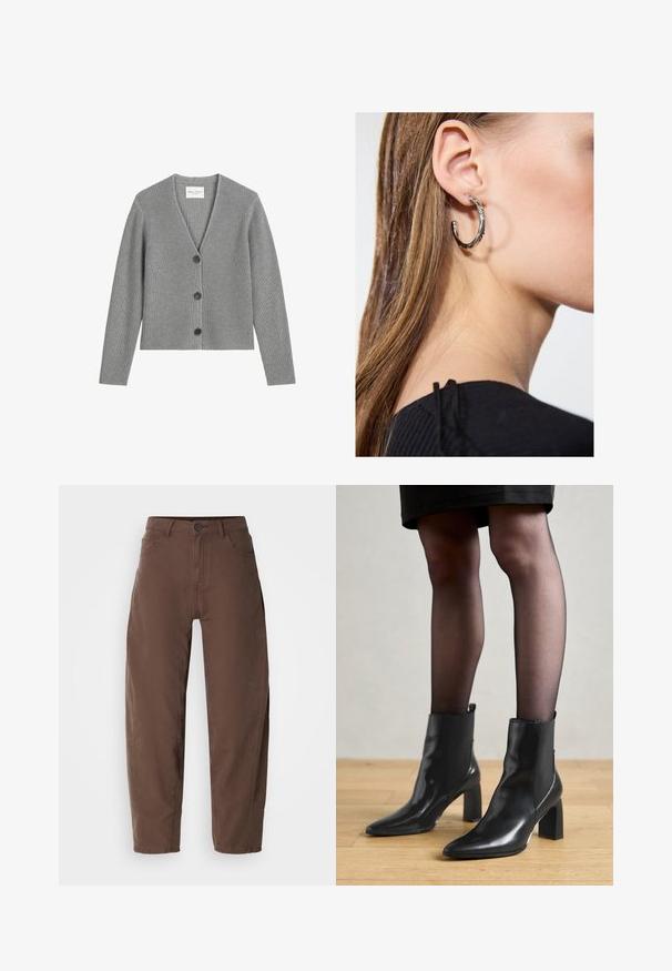 Grå ribbestrikket cardigan, laget av mykt strikkemateriale, med V-hals, lange ermer og tre svarte knapper nedover foran.; To hvite bomulls t-skjorter med korte ermer, rund hals og en tettsittende silhuett, som viser en jevn tekstur og minimalistisk design.; Brune rette bukser med frontknap og lynlås, bæltestropper og sidelommer, vist på en hvid baggrund.; Sorte ankelstøvler i skinn med spiss tå, chunky firkantet hæl, og slank design. Har elastiske sidede paneler for enkel påføring.; Sølv ringøredob med en polert finish, med små gull detaljer og en rund form, båret på øreflippen.
