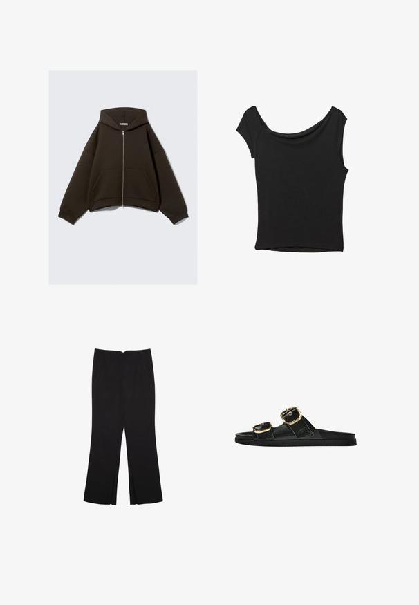 Felpa con zip marrone, dotata di un ampio cappuccio, maniche larghe e tasche a marsupio. Realizzata in un tessuto morbido e texture, presenta una silhouette cropped.; Top nero a maniche corte realizzato in tessuto liscio; presenta un colletto drappeggiato e un orlo asimmetrico, con una vestibilità aderente.; Pantaloni neri a gamba dritta, con tasche frontali e spacchi laterali all'orlo. Realizzati in tessuto morbido e liscio. Adatti a diverse occasioni.; Infradito neri con due accenti di fibbia dorata, materiale dalla texture liscia, suola piatta e design minimalista.