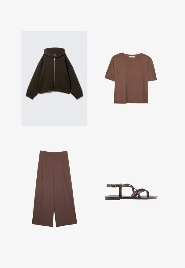 Brun zip-up hoodie med stor huva, vida ärmar och kängurufickor. Tillverkad av mjukt, texturerat tyg med en kortad silhuett.; Brun kortärmad t-shirt i mjukt tyg, med rund halsringning och avslappnad passform. Inga synliga mönster eller detaljer.; Bruna vida byxor med en slät textur, som har hög midja och framfickor. Tyget är lätt och flödar löst.; Bruna lädersandaler med korsade remmar, spänne runt vristen och en platt sula med minimala sömnadsdetaljer.