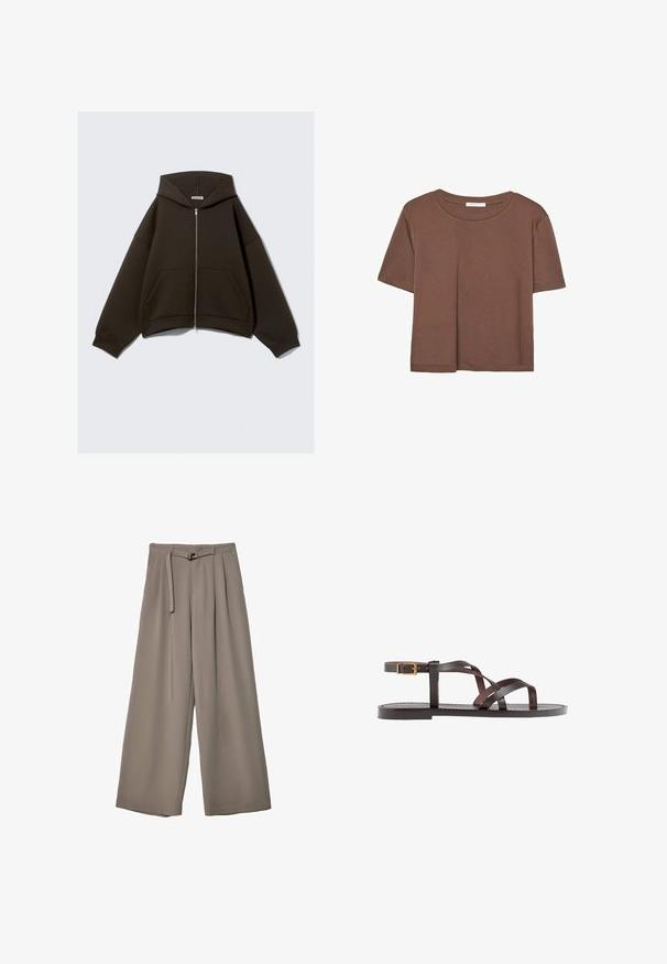 Hnedá mikina na zips s veľkou kapucňou, širokými rukávmi a klokankovými vreckami. Vyrobená z jemnej textúrovanej tkaniny s skráteným strihom.; Hnedé tričko s krátkym rukávom vyrobené z jemného materiálu, s okrúhlym výstrihom a voľným strihom. Žiadne viditeľné vzory ani akcenty.; Široké nohavice v jemnej, tlmenej šedej tkanine, s opaskom v pase a vreckami pre dodatočný dizajnový detail. Hladký povrch, bez vzorov.; Hnedé kožené sandály s krížovými popruhmi, uzatváraním na pracku okolo členku a plochou podrážkou s minimálnymi ševmi.