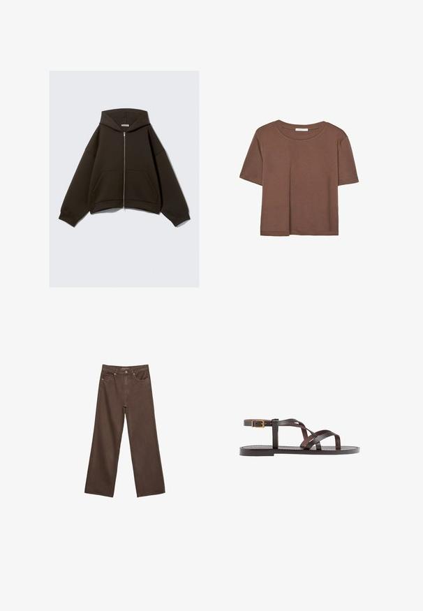 Brun zip-up hoodie med stor huva, vida ärmar och kängurufickor. Tillverkad av mjukt, texturerat tyg med en kortad silhuett.; Brun kortärmad t-shirt i mjukt tyg, med rund halsringning och avslappnad passform. Inga synliga mönster eller detaljer.; Breda bruna jeans i denim med hög midja, framfickor och klassisk knäppning. Slät textur med subtil sömnad.; Bruna lädersandaler med korsade remmar, spänne runt vristen och en platt sula med minimala sömnadsdetaljer.
