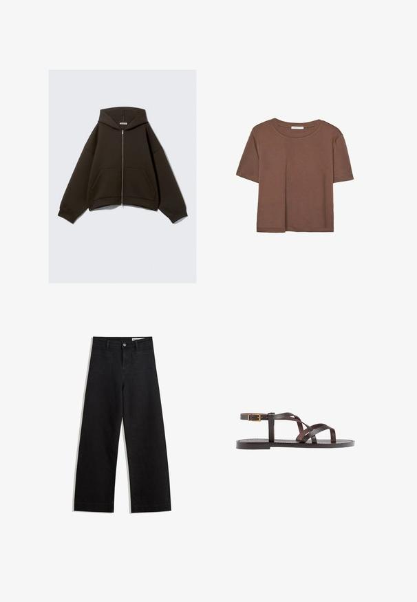 Felpa con zip marrone, dotata di un ampio cappuccio, maniche larghe e tasche a marsupio. Realizzata in un tessuto morbido e texture, presenta una silhouette cropped.; Maglietta a maniche corte marrone realizzata in tessuto morbido, con scollatura rotonda e vestibilità rilassata. Nessun motivo o dettaglio visibile.; Pantaloni in denim neri a gamba larga con vita alta, dotati di tasche anteriori e posteriori, cuciture a punto, e chiusura con bottone. Texture liscia.; Sandal in pelle marrone con cinturini incrociati, chiusura con cinturino alla caviglia e suola piatta con dettagli di cucitura minimi.