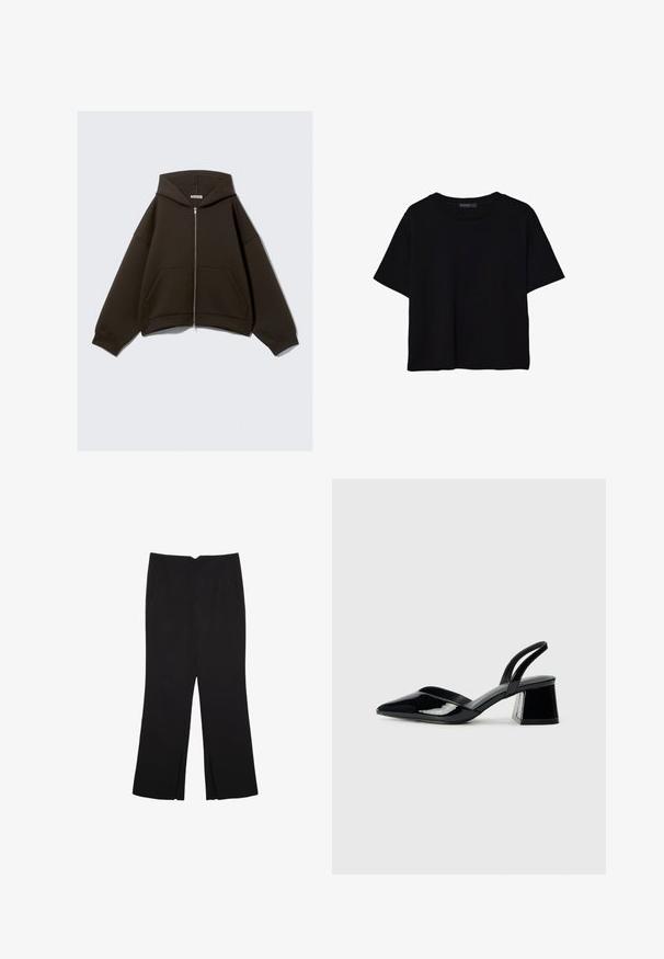 Felpa con zip marrone, dotata di un ampio cappuccio, maniche larghe e tasche a marsupio. Realizzata in un tessuto morbido e texture, presenta una silhouette cropped.; T-shirt nera a maniche corte in cotone. Presenta un collo rotondo e una vestibilità ampia con una texture liscia e uniforme. Nessun motivo o accento visibile.; Pantaloni neri a gamba dritta, con tasche frontali e spacchi laterali all'orlo. Realizzati in tessuto morbido e liscio. Adatti a diverse occasioni.; Décolleté in vernice nera con punta affusolata e tacco in geometria cubica. Presentano un design elegante e minimalista, con una texture liscia.