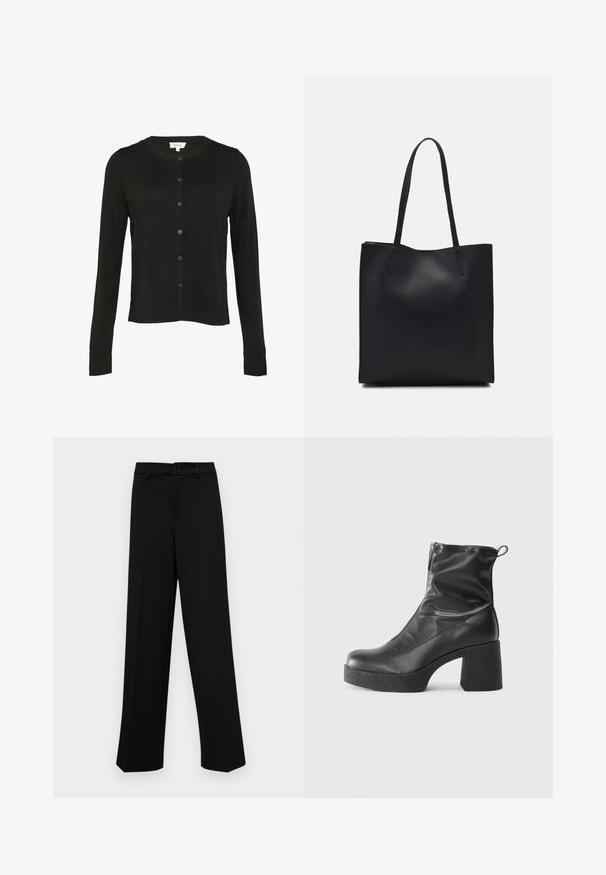 Black long-sleeve cardigan featuring a round neckline, button front, ribbed cuffs, and a straight hemline with a soft, textured fabric.; Black short-sleeve t-shirt with a round neckline, crafted from soft cotton fabric. Simple design, no visible logos or patterns.; Black wide-leg trousers made of smooth fabric, featuring a classic waistband with a button closure and front pleats.; Black ankle boots made of smooth leather, featuring a side zipper, chunky textured heel, and rounded toe design.; Black leather tote bag with smooth texture, rectangular shape, and two long handles. No visible hardware or embellishments.