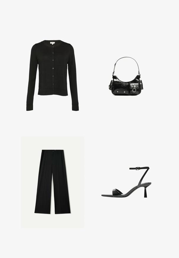 Cardigan noir à manches longues avec un col rond, une fermeture à boutons, des poignets côtelés et un ourlet droit, fabriqué dans un tissu doux et texturé.; Top court sans manches noir en tissu lisse, avec un col rond et un design épuré, simple, sans motifs ni accessoires.; Bershka WIDE - Pantalon classique - black; Bershka Sandales à talons hauts - black; Sac à main en cuir verni noir avec une forme incurvée, une bandoulière, des poches avant et des accents en métal argenté.