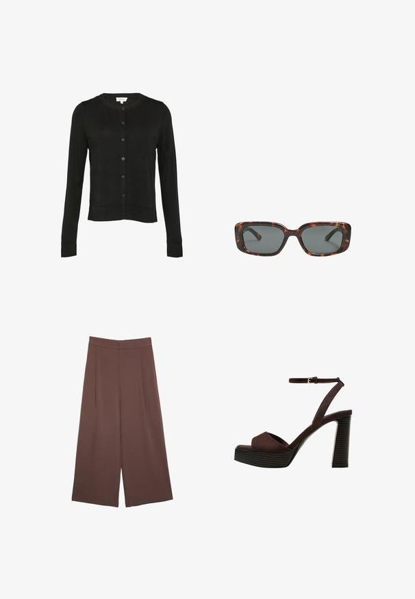 Zwarte cardigan met lange mouwen, ronde halslijn, knoopsluiting, geribbelde manchetten en een rechte zoom, gemaakt van een zachte, gestructureerde stof.; Bruine korte mouwen t-shirt van zachte stof, met een ronde halslijn en een relaxte pasvorm. Soepele textuur zonder patronen of accenten.; Bruine wijde broek met een gladde textuur, voorzien van een hoge taille en plooien aan de voorkant. De stof is lichtgewicht en valt losjes.; Bruine suède high-heeled sandaal met een open teen, verstelbare enkelband en een gestreepte plateauzool.;  Schildpad zonnebril met rechthoekige glazen, dikke monturen en donkere glazen. Glad oppervlak en minimalistisch ontwerp.