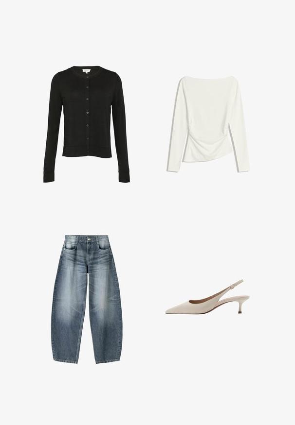 Cardigan noir à manches longues avec un col rond, une fermeture à boutons, des poignets côtelés et un ourlet droit, fabriqué dans un tissu doux et texturé.; Haut à manches longues blanc pour femme avec un décolleté bateau, des détails froncés à la taille et une silhouette légèrement ajustée.; Jean large en denim bleu clair avec décoloration, présentant un design à cinq poches, un bouton de fermeture et des détails de couture minimaux.; Des escarpins slingback beiges avec un bout pointu et un talon évasé bas. Fabriqués en cuir lisse avec un design minimaliste et une sangle réglable.