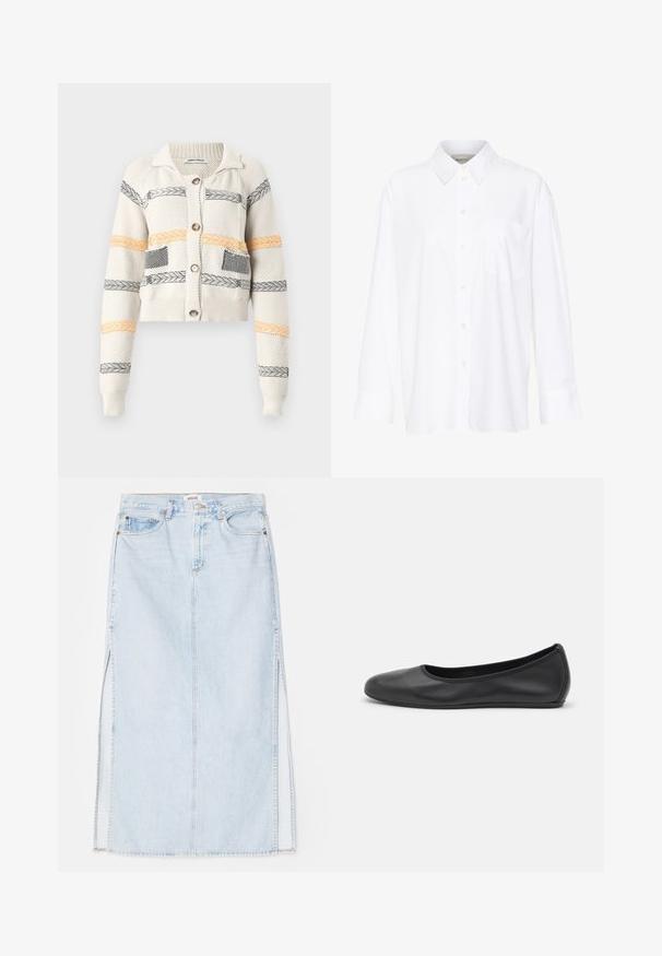 Rövidített kötött kardigán krém színben, fekete és narancssárga vízszintes csíkokkal. Kiemelkedő részletek közé tartozik a gallér és a gombos záródás.; Fehér, hosszú ujjú, galléros ing, amely pamutból készült. Gombos elülső része és egyetlen mellzsebe van. Simított textúra, laza szabás.; Világoskék farmer maxi szoknya egyenes szabással, oldalsó hasítékokkal és öt zsebes kialakítással. Kiemelkedő varrás és fém gombos zárás.; Fekete bőr balettcipő lekerekített orral, sima tekstúrával, minimális varrással és rugalmas talp kialakítással.