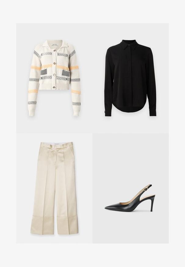 Kreminės spalvos trumpa megztinė su horizontaliomis juostelėmis juoda ir oranžine. Išskirtiniai bruožai apima apykaklę ir mygtukų užsegimą.; Juoda ilgomis rankovėmis blusa su smailiu apykakle, paslėptu mygtukų užsegimu ir kreivu hemu ant vientiso balto fono.; Smėlio spalvos plačios kelnės iš lygaus audinio su aukštu liemeniu, raukšlėta priekyje ir sulenktomis apačiomis, turinčios šonines kišenes ir tvarkingą apdailą.; Juodos odinės slingback aukštakulnės bateliai su smailiu nosiu, reguliuojama juosta ir elegantišku stiletto kulnu, pasižymintys lygia apdaila.