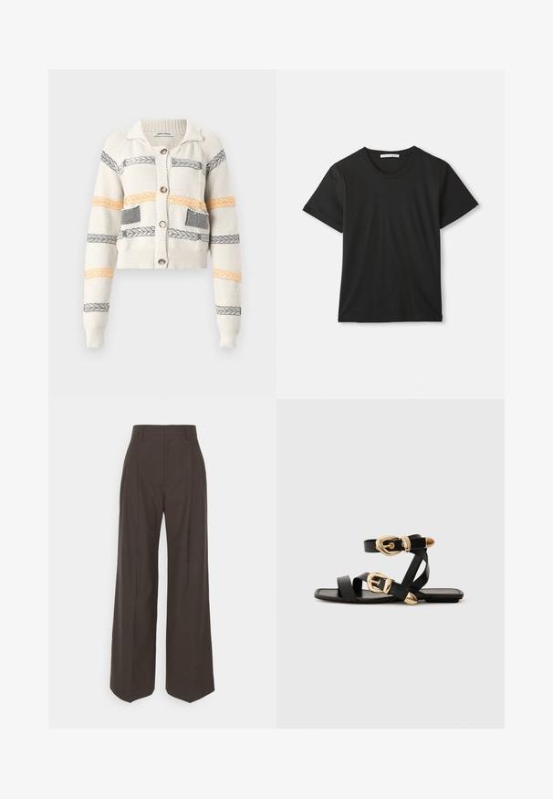 Kort stickad cardigan i krämfärgad, med horisontella ränder i svart och orange. Utmärkande detaljer inkluderar en krage och knäppning med knappar.; Svart T-shirt med korta ärmar och rund halsringning i mjukt bomullstyg. Enkel design utan mönster eller logotyper, med en klassisk passform.; Mörkbruna vidbyxor med hög midja, som har fint pressade veck, en slät textur och en skräddarsydd passform.; Svarta lädersandaler med guldspännen, med flera remmar och platt såldesign för öppna tår.