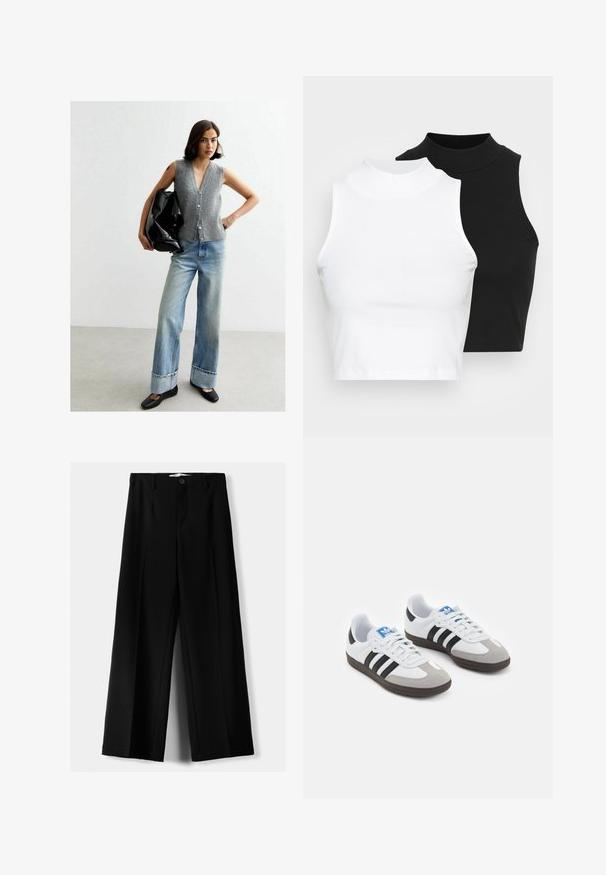 New Look BUTTON - Vest - grey; Twee mouwloze ribgebreide coltruien in zwart en wit, met een slim fit ontwerp en een gladde textuur, met een cropped lengte.; Zwarte wijde broek van lichtgewicht stof, met een knoopsluiting aan de voorkant en een vlakke achterkant, afgewerkt met keurig gestikte zoom.; Sportschoenen met een witte leren bovenkant, grijze suède neus en drie zwarte strepen. Bevat een blauw logo op de tong en een gestructureerde rubberen zool.