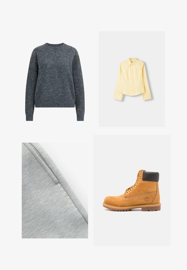 Szürke kötött pulóver kerek nyakrésszel, hosszú ujjakra és bordás mandzsettával, valamint szegéllyel. Puha tapintás, minimalista design, látható minták nélkül.; Sárga csíkos ing hosszú ujjal, hegyes gallérral és elöl gombos záródással. Jellemzője a függőleges kék csíkok és a testre szabott fazon.; Szürke sportöltözet anyag, sima, textúrájú felülettel, finom márványozott mintázattal. Az "ACTIVE" felirat fehér színben van nyomtatva az oldalon.; Barna bőr bokacsizma fekete párnázással, arany fűzőszemekkel és textúrált talppal. Oldalán kör alakú logóval és díszítő varrással rendelkezik.