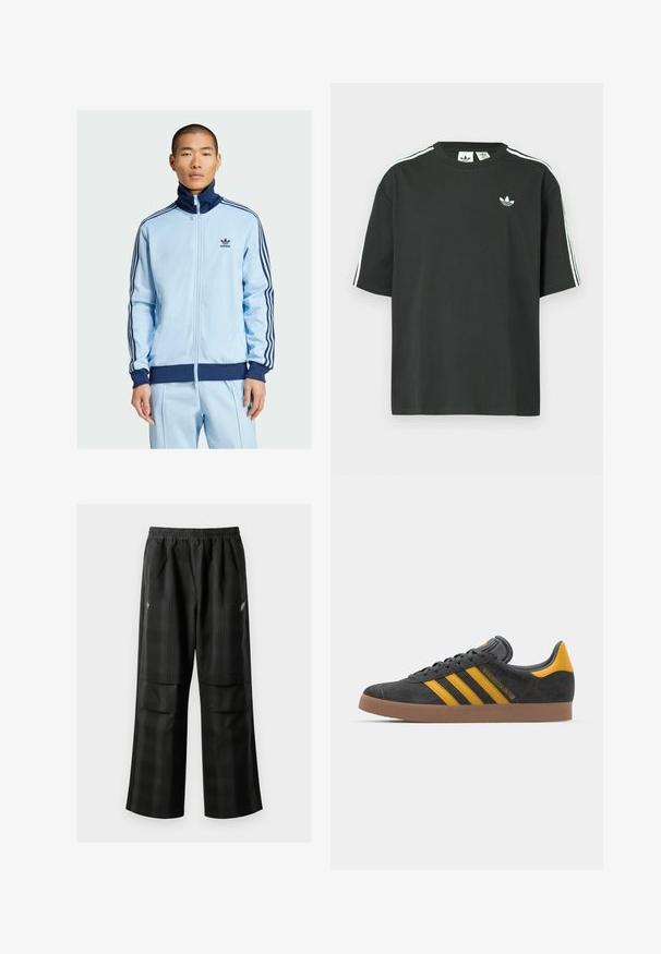 Svetle modrá zipová bunda vyrobená z hladkého materiálu. Obsahuje námořnické akcenty a tři pruhy na rukávech. Logo Adidas na hrudi.; Černé bavlněné tričko s krátkými rukávy, kulatým výstřihem a bílými třemi pruhy na ramenou. Na hrudi je malá bílá logo.; Černé kostkované kalhoty s elastickým pasem, dvěma předními kapsami a volným střihem se rovnými nohavicemi. Vyrobeny z lehkého materiálu.; Černé semišové tenisky se žlutými akcenty, vybavené třemi pruhy a hnědou gumovou podrážkou. Obsahují polstrovaný jazyk pro pohodlí.