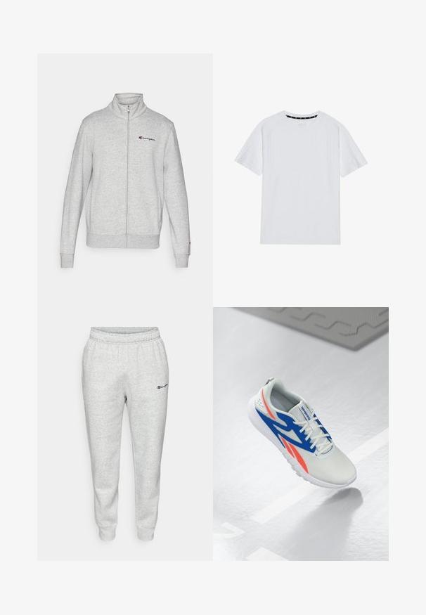 Champion ICONS FULL ZIP COLLAR - Sweater met rits - grey; Witte t-shirt met korte mouwen met geribbelde textuur en ronde hals. Voorzien van een zwart etiket aan de binnenkant van de kraag, eenvoudig ontwerp zonder patronen.; Champion ICONS CUFF PANTS - Trainingsbroek - grey; Witte sportschoen met blauwe en rode accenten, geveterd en zwevend boven een lichtgrijze vloer met een lijn en mat op de achtergrond.