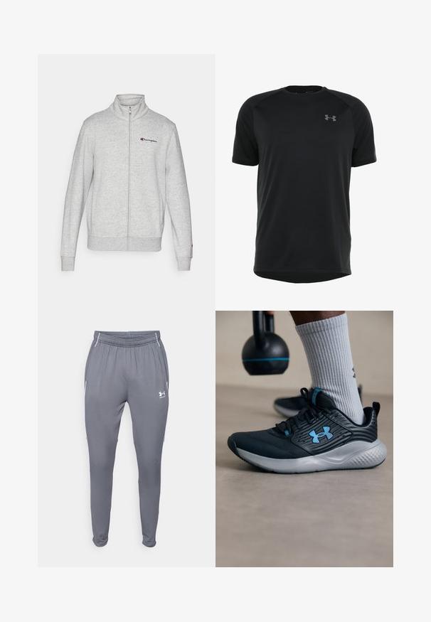 Champion ICONS FULL ZIP COLLAR - Bluză de molton cu fermoar - grey; Tricou sportiv negru cu mânecă scurtă, realizat dintr-un material neted și ușor. Are un guler rotund și un logo discret pe piept.; Pantaloni atletici gri cu talie elastică, buzunare laterale și accente albe. Realizați dintr-un material neted și ușor.; Pantof bine de atletism negre cu accente albastre, parte superioară texturată și talpă gri. Purtați cu șosete gri cu nervuri, alături de o kettlebell neagră.