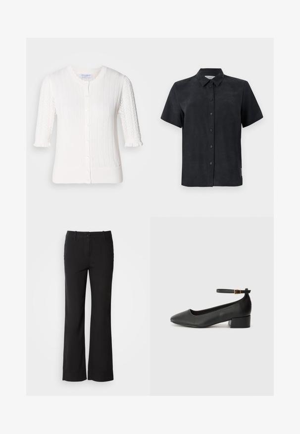 Cardigan alb cu textură rișată, mâneci puff scurte cu detalii din dantelă, închidere cu nasturi și volănaș mic la manșetele mânecilor.; Cămașă cu mânecă scurtă, cu guler, de culoare neagră, fabricată dintr-un material moale. Prezintă cinci nasturi în față și un etichetă mică pe lateral.; Pantaloni negri dintr-un amestec de bumbac, cu un design drept, închidere frontală cu buton și două buzunare laterale. Textură netedă, fără modele vizibile.; Pantof cu toc negru din piele, cu vârf ascuțit și toc mic pătrat. Dispune de o curea la gleznă cu o cataramă în tonuri de aur. Textură netedă.