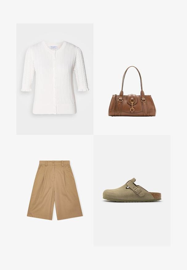 Weißer Cardigan mit geripptem Struktur, kurzen Puffärmeln mit Spitzenakzenten, Knopfverschluss und kleinen Rüschen an den Ärmelbündchen.; Weißes Kurzarmoberteil mit lockerer Passform, das ein gerafftes Design in der Taille und eine glatte Stofftextur aufweist. Marke: Anna Field.; Beige Baumwollshorts mit lockerer Passform, ausgestattet mit Falten, Knopfverschluss und Seitentaschen. Sanfte Textur und knielanges Design.; Olivgrüne Wildlederclogs mit runder Zehenpartie, verstellbarem Riemen, Korkfußbett und strukturiertem Gummisohle, die mit einer glatten Oberfläche und Ausschnittdetails versehen sind.; Braune Lederhandtasche mit doppelten Griffen, goldenen Hardware-Akzenten und strukturiertem Design. Verfügt über eine zentrale Klappe mit einem Schlaufen-Detail.