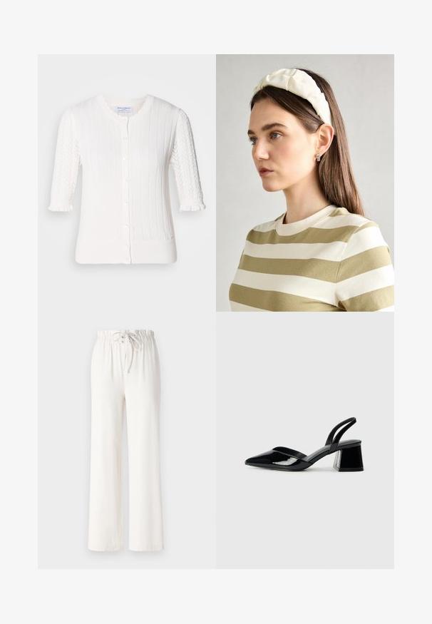 Witte cardigan met ribbelstructuur, korte poffende mouwen met kantdetail, knoopsluiting en kleine ruches aan de mouwmanchetten.; Witte katoenen t-shirt met transparante, geborduurde pofmouwen. Klassiek ontwerp met ronde hals en een relaxte pasvorm. Eenvoudige en moderne esthetiek.; Witte wijde broek van zacht materiaal, met een tailleband met trekkoord en een gladde textuur. Geen patronen of versieringen zichtbaar.; Zwarte gepatineerde leren slingback hakken met een spitse neus en een geometrische blokhak. Kenmerkt zich door een slank, minimalistisch ontwerp en een gladde textuur.; Crème geklede hoofdband met gedraaide ontwerp, gecombineerd met een beige en witte gestreepte shirt met een ronde hals. Subtiele sieradenaccenten.