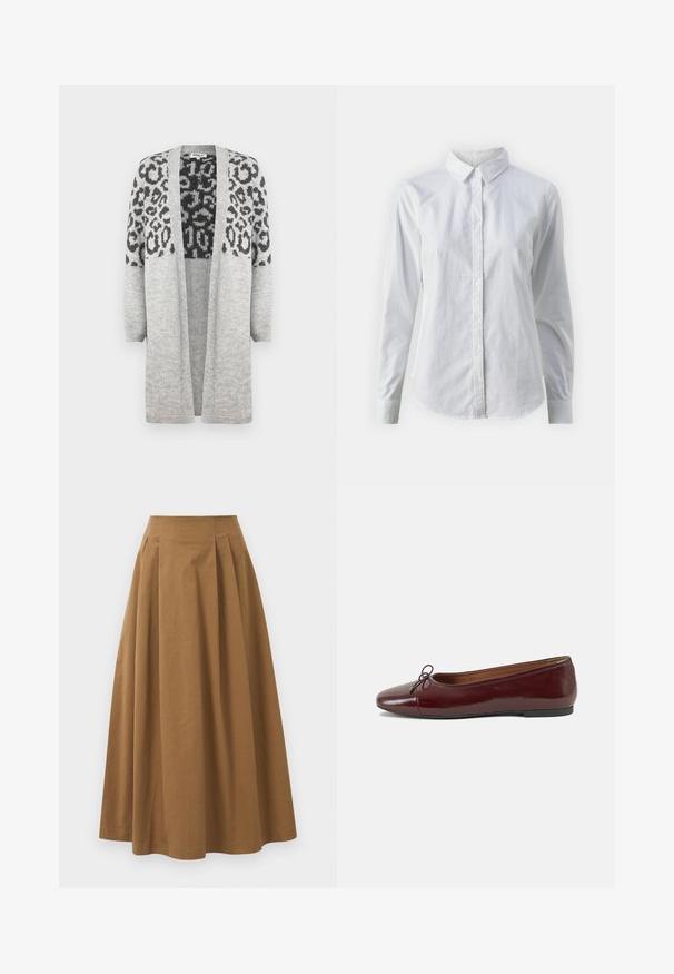 Szary sweter dzianinowy z długimi rękawami i otwartym przodem. Posiada czarny wzór w panterę na górnej części. Miękka faktura.; Biała koszula zapinana na guziki, wykonana z gładkiej bawełny, z klasycznym kołnierzykiem, długimi rękawami i zaokrąglonym dołem. Guziki są małe i białe.; Brąskowa bawełniana spódnica w kształcie litery A z wysokim stanem, z plisami z przodu i gładką fakturą. Wykończenia dołu są czyste i proste.; Bordowe baleriny z lakierowanej skóry z zaokrąglonym noskiem, małą kokardką z przodu oraz niską, czarną gumową podeszwą. Gładka tekstura.