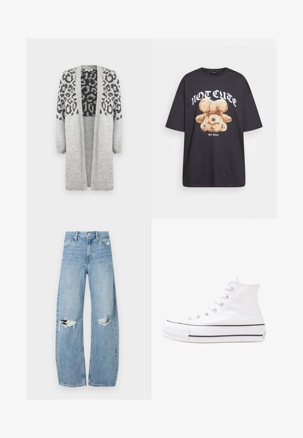 Grauer Strickcardigan mit langen Ärmeln und offenem Vorderteil. Verfügt über ein schwarzes Leopardenmuster im oberen Teil. Weiche Textur.; Schwarzes, übergroßes T-Shirt mit einem Grafikdruck eines Bären und dem Text "NICHT SÜß, SONDERN WILD" in fetter, weißer Schrift. Baumwollmaterial.; Helles, hochtailliertes Jeans aus Denim. Hat weit geschnittene Beine, zwei aufgerissene Kniebereiche und klassischen Fünf-Taschen-Stil.; Weiße hochwertige Leinensneaker mit schwarzer Gummisohle, vorderem Gummizehenschutz und sechs Ösen für Schnürsenkel, die ein sauberes, minimalistisches Design aufweisen.