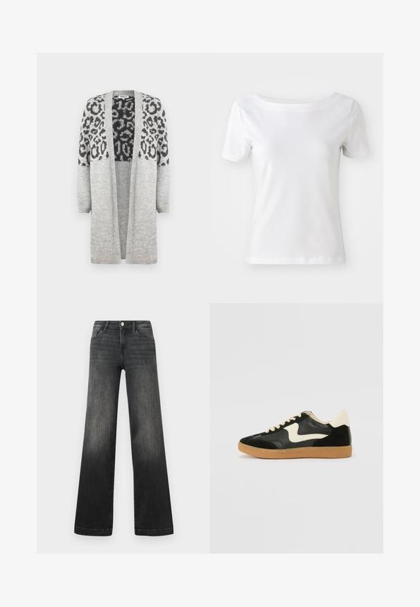 Gray knitted cardigan with long sleeves and an open front. Features a black leopard print design on the upper part. Soft texture.; White short-sleeve t-shirt made of cotton with a boat neckline and a smooth texture. Simple and unadorned design.; Black wide-leg jeans in faded denim, featuring front pockets, a button closure, and subtle stitching detail along the seams.; Black suede and leather sneaker with a cream side swoosh and light cream heel. Features beige laces and a gum rubber outsole.