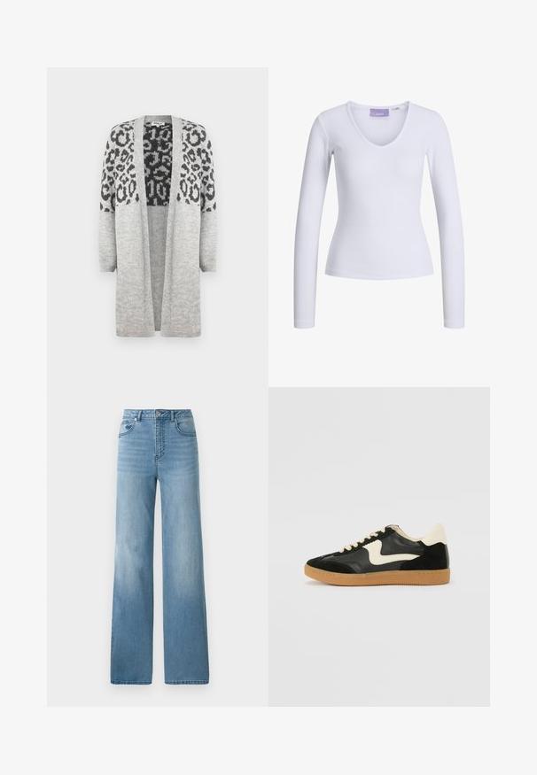 Cardigan gri din tricot, cu mâneci lungi și deschidere frontală. Prezintă un model cu imprimeu de leopard negru în partea superioară. Textură moale.; Bluză albă cu mâneci lungi, cu textură canelată și decolteu în V. Etichetă vizibilă în interiorul gâtului cu numele brandului "JJXX."; Jeans decolorare deschisă, cu talie înaltă, cu un design drept. Confeționate din denim, cu cinci buzunare și închidere cu nasturi.; Tenisi din suede și piele negri cu un swoosh lateral de culoare crem și călcâi de un crem deschis. Prezintă șireturi bej și o talpă din rubber de tip gum.
