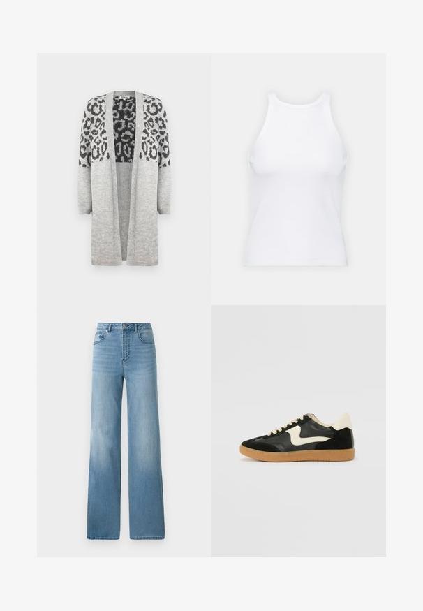 Szürke, kötött kardigán hosszú ujjakkal és nyitott elülső résszel. A felső részén fekete leopárd mintával díszített. Puha tapintású.; Fehér ujjatlan trikó ribbed anyagból, lekerekített nyakkivágással és testhez simuló siluettel, minimális varrásokkal és díszítések nélkül.; Világoskék, magas derekú farmernadrág egyenes szabással. Denim anyagból készült, öt zsebbel és gombos záródással.; Fekete velúr és bőr sneaker, krém színű oldalsó swoosh-sal és világos krém színű sarokkal. Beigézett fűzőkkel és gumi talppal rendelkezik.