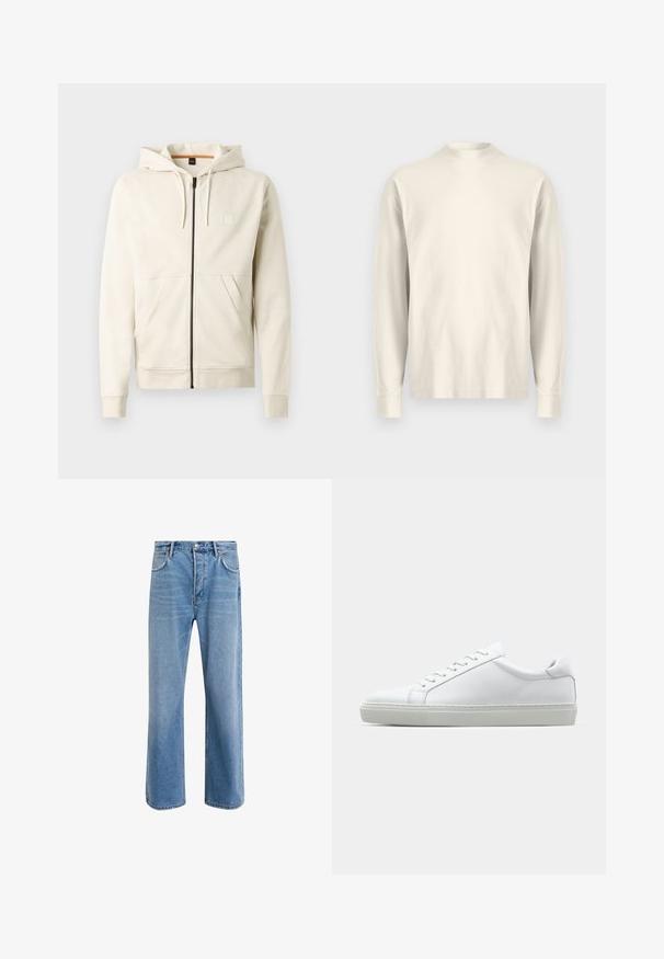 Šviesiai smėlinis gobtuvą turintis džemperis, pagamintas iš minkštos medžiagos, su užtrauktuku priekyje, dviem kišenėmis ir reguliuojamu raišteliu ant gobtuvo. Paprastas logotipas ant krūtinės.; Ilgų rankovių, su apykakle, šviesiai kreminės spalvos medvilnės marškiniai. Švelni tekstūra, laisvas fitas, minimalus dizainas, be matomų raštų ar akcentų.; Šviesiai mėlyni džinsai su tiesiu kirpimu, penkios kišenės, mygtuko užsegimas, minimalus blukimas ir kontrastingi siuvimo detalės.; Baltas sportinis batelis su lygiu odiniu paviršiumi ir žemu profiliu. Turi suapvalintą pirštą, šešis akių skyrius ir tekstūruotą gumos padą.