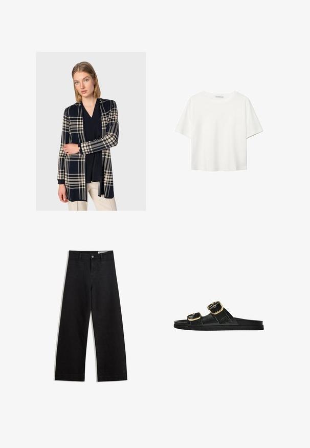 Navy och krämrandig cardigan med avslappnad passform, långa ärmar, öppen fram och texturerad tyg. Bärs över en mörk topp och krämfärgade byxor.; Vit t-shirt med kort ärm i bomull. Har en rundad halsringning och en avslappnad passform. Slät textur utan synliga mönster eller detaljer.; Svarta vida denimbyxor med hög midja, med fram- och bakfickor, sydda sömmar och knappstängning. Slät textur.; Svart glidsandal med två guldfärgad spännen, slät textur av material, platt sula och en minimalistisk design.