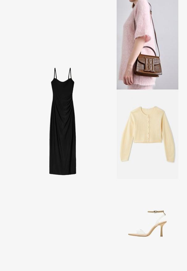 Ljus krämfärgad kort cardigan gjord av mjukt stickat tyg. Har en rund halsringning, sex texturerade knappar framtill och långa ärmar.; Svart midiklänning med tunna justerbara axelband, med en draperad design och slät textur. Inga synliga mönster eller utsmyckningar.; Klart häl sandal med en transparent ovandel, beige fotbädd och en smal ankelrem. Har en spetsig tå och en tunn hög klack.; Brun handväska i krokodilmönster med handtag och axelrem. Har en framträdande logotyp på den framtida klaffen. Mjuk textur.