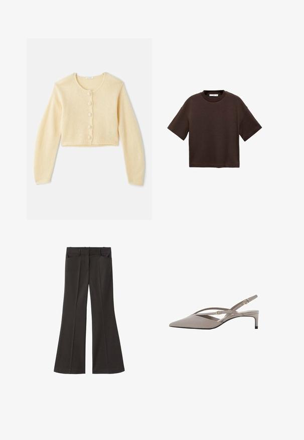 Svetlo smetana skrajšan cardigan iz mehkega pletene tkanine. Ima okroglo ovratnico, šest teksturiranih gumbov spredaj in dolge rokave.; Braun majica s kratkimi rokavi, izdelana iz mehkega bombaža. Ima okroglo ovratnico in širok kroj, z gladko teksturo in brez vidnih vzorcev.; Črne razširjene hlače z visokim pasom; vključujejo dva sprednja žepa in gladko teksturo tkanine. Primerne za različne priložnosti.; Bež sandale na visoki peto s izostrenim nosom, tankimi križnimi naramnicami in kratkim stiletto peto. Gladek material z zasebnimi zlatimi detajli.