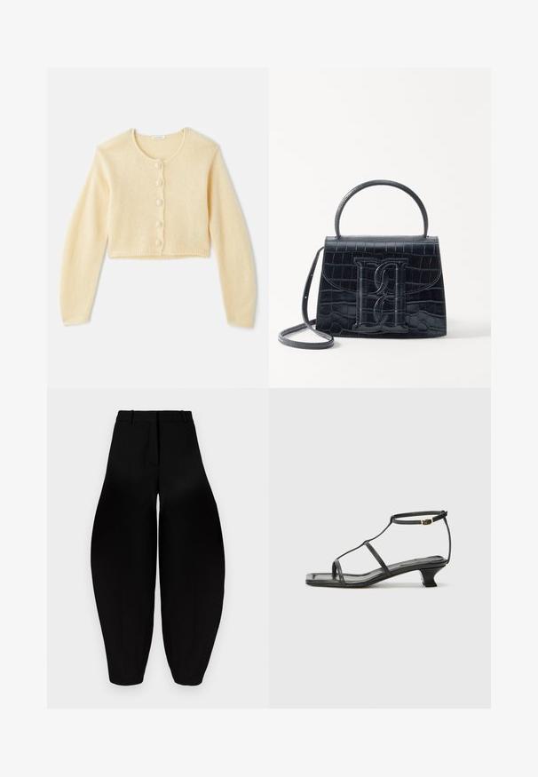 Cardigan cropped em creme claro, feito de um tecido de malha suave. Apresenta um decote redondo, seis botões texturizados na frente e mangas longas.; Top de alças preto com textura canelada, apresentando um decote redondo e um logótipo bordado em branco. O tecido tem uma textura suave e um corte justo.; Calças largas pretas com uma cintura alta, frente plissada e tornozelos afunilados. Feitas de um tecido suave com um acabamento mate.; Sandália de couro preta com biqueira quadrada, tiras finas, correia ajustável no tornozelo e um salto baixo. Possui um pequeno detalhe em ouro na tira.; Bolsa de pele preta com estampa de crocodilo, de design estruturado, com alça de mão, correia ajustável e um detalhe de logotipo em destaque na frente.