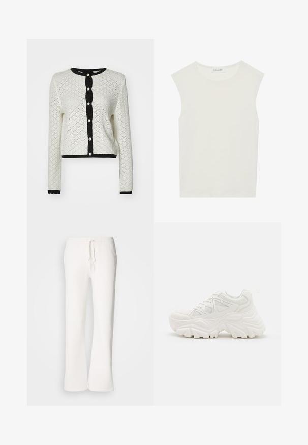 Weißer Spitzenstrick-Cardigan mit langen Ärmeln und einem verkürzten Design. Schwarze Rippakzente entlang des Ausschnitts, der Knopfleiste und des Saums. Fünf Knöpfe.; Weißes ärmelloses Top mit rundem Ausschnitt. Hergestellt aus glattem Stoff, hat es einen lässigen Schnitt und minimalistisches Design. Keine Muster oder Akzente.; Weiße, locker sitzende Schlafanzughosen aus weichem Material, mit einem elastischen Bund und Kordelzug sowie geradem Bein.; Weiße klobige Sneakers mit strukturiertem Obermaterial, Mesh-Einsätzen und dicken Gummisohlen mit markantem Profil. Inklusive Schnürsenkeln und Zuglasche.