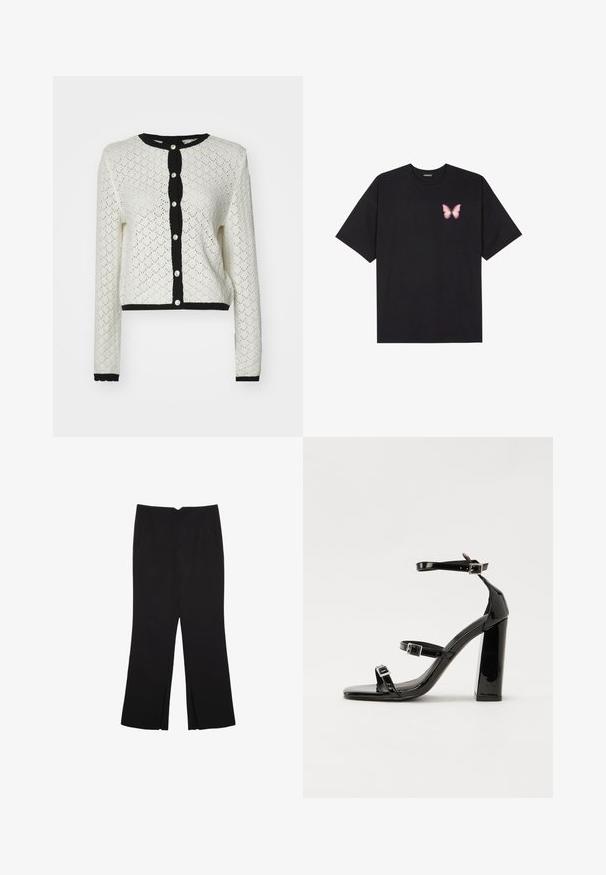 Biely čipkovaný kardigán s dlhými rukávmi a krátkym strihom. Čierne rebrované detaily pozdĺž výstrihu, gombíkovej légie a lemu. Päť gombíkov.; Čierne bavlnené tričko s krátkymi rukávmi, s malým ružovým motýlikom na ľavej hrudi. Design s okrúhlym výstrihom a uvoľneným strihom.; Čierne nohavice so strihom rovného strihu, s prednými vreckami a bočnými rozparkami na leme. Vyrobené z mäkkej, hladkej tkaniny. Vhodné na rôzne príležitosti.; Čierne lakované sandále na vysokom opätku s dvoma prackami, štvorcovou špičkou a hrubým blokovým opätkom, s hladkou, lesklou textúrou.