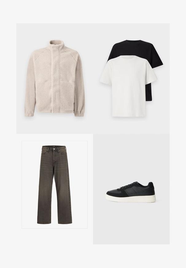 Fleece jacket in light beige with a high collar, long sleeves, and a soft textured surface. Features two front pockets and a straight cut.; Cotton t-shirt set featuring a black top and a white top, both with short sleeves, round neckline, and standard fit. Textured fabric.; Wide-leg jeans in dark grey denim, featuring a high waist, classic five-pocket design, and contrasting stitching along the seams.; Black low-top sneaker with textured leather and suede panels, white rubber sole, and black laces on a plain light background.