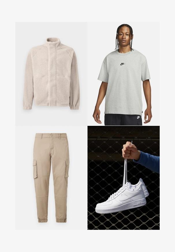 Veste en polaire beige clair avec un col montant, des manches longues et une surface texturée douce. Comprend deux poches avant et une coupe droite.; Jeune personne avec des cheveux tressés portant un t-shirt Nike gris clair et un short Nike noir sur un fond blanc uni.; Pantalons cargo beiges en coton léger. Comprend des poignets élastiques, plusieurs poches latérales et une fermeture à bouton.; Baskets en cuir blanc avec perforations, à bout rond, semelle plate et lacets épais, arborant un logo swoosh visible et "AIR" sur le talon.