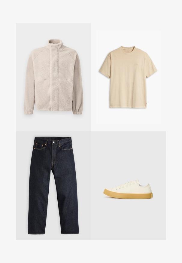 Giacca in pile di un beige chiaro con colletto alto, maniche lunghe e superficie morbida al tatto. Presenta due tasche frontali e un taglio dritto.; T-shirt in cotone beige con collo rotondo e maniche corte. Presenta un sottile logo "Levi's" dello stesso colore sul petto. Tessuto morbido.; Jeans in denim blu scuro con taglio dritto, cinque tasche, cuciture arancioni a contrasto e chiusura con bottone. Nessun motivo o decorazione visibile.; Sneakers in tela di colore avorio con punta rotonda, dotati di suole in gomma beige e cinque occhielli per i lacci, finitura texturizzata sulla parte superiore.