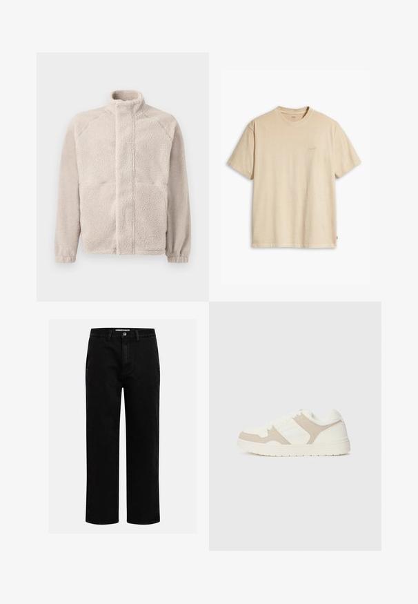 Auklas jaka gaiši bežā krāsā ar augstu apkakli, garām piedurknēm un mīkstu teksturētu virsmu. Iekļauj divas priekšējās kabatas un taisnu piegriezumu.; Bežs kokvilnas T-krekls ar apaļu apkakli un īsām piedurknēm. Priekšpusē ir smalka "Levi's" logo tajā pašā krāsā. Mīksta tekstūra.; Melni denim šorti ar taisnu kāju griezumu, klasiska piecu kabatu dizaina un pogas aizdari viduklī. Gluda tekstūra un izturīgs audums.; Baltas un bežs kedas ar gludu un zamšveida tekstūru apvienojumu, apaļu purngali, saiteņu aizdari un platu gumijas zoli.