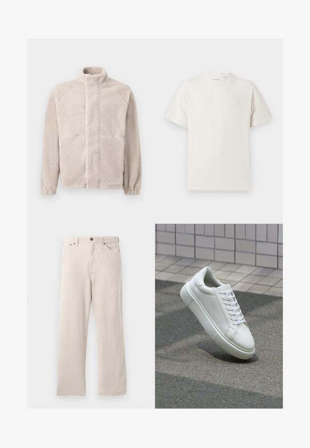 Fleecejack in lichtbeige met een hoge kraag, lange mouwen en een zachte, gestructureerde oppervlakte. Voorzien van twee voorzakken en een rechte pasvorm.; Witte korte mouwen T-shirt met ribbelstructuur. Ronde hals, ontspannen pasvorm, geen zichtbare patronen of accenten. Eenvoudig en veelzijdig ontwerp.; Beige corduroy broek met een recht model, voorzien van een geribbelde textuur, vijf zakken en een knoopsluiting.; Witte leren sneaker met een glad oppervlak, ronde neus en platte witte veters. Voorzien van een gestructureerde rubberen zool en minimale ontwerpelementen.