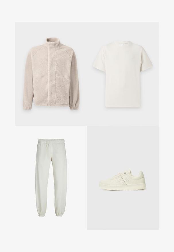 Veste en polaire beige clair avec un col montant, des manches longues et une surface texturée douce. Comprend deux poches avant et une coupe droite.; T-shirt blanc à manches courtes en texture côtelée. Encolure ronde, coupe décontractée, sans motifs ni accents visibles. Design simple et polyvalent.; Pantalons de survêtement blancs en tissu doux, avec une taille et des poignets élastiques, présentant une texture lisse et un design ample.; Sneaker couleur crème avec des détails perforés, des lacets et un logo sur le côté, présenté sur un fond blanc uni.