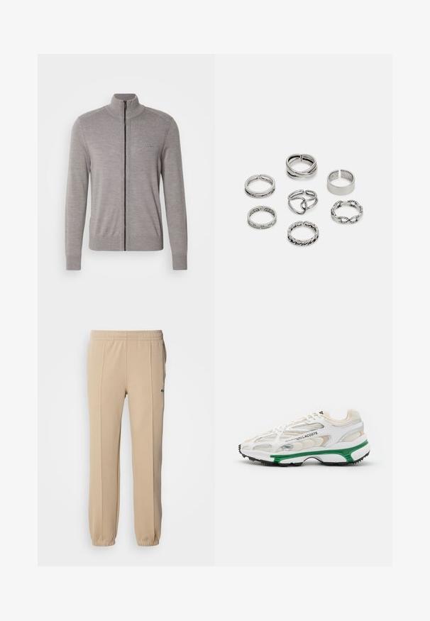 BOSS AVAC - Casaco de malha - light pastel grey; Camisa branca de mangas longas feita de algodão, com decote redondo, logotipo preto "HUGO" no lado esquerdo do peito e uma textura suave.; Lacoste Calças de fato de treino - viennese; Sapatilha branca com detalhes verdes e sola de borracha preta. Apresenta painéis em malha e sintéticos, com um acabamento texturizado e costura visível.; Conjunto de sete anéis de prata com vários designs, incluindo padrões torcidos, entrelaçados e gravados. Diferentes formas e larguras.
