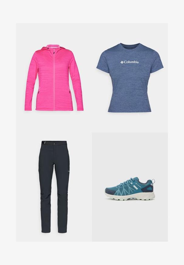 Ροζ τζάκετ με κουκούλα, κατασκευασμένο από υφασμάτινη δομή, με πλήρη μπροστινό φερμουάρ και τσέπες με φερμουάρ στα πλάγια; έχει εφαρμοστή γραμμή και μακριά μανίκια.; Μπλε κοντομάνικο μπλουζάκι από υφασμάτινη χειροποίητη ύφανση, με το λογότυπο Columbia σε λευκό χρώμα στο στήθος, στρογγυλή λαιμόκοψη και εφαρμοστή γραμμή.; Ανδρικά παντελόνια εξωτερικών δραστηριοτήτων, σκούρο γκρι, φτιαγμένα από ευέλικτο υλικό, με ζώνη, τσέπες με φερμουάρ και ενισχυμένες ραφές.; Columbia PEAKFREAK™ II OUTDRY™ - Παπούτσια πεζοπορίας - blue heron/skylight