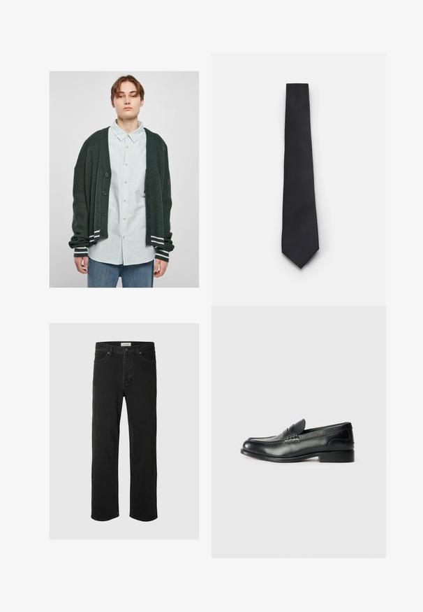 Tamsiai žalia mezginiai kardiganas su griovelio tekstūra, turintis priekyje sagas, su baltais dryžiais ant rankovių, dėvimas ant šviesiai dryžuoto marškinėlio.; Balta marškiniai su ilgomis rankovėmis, pagaminti iš lygaus medvilnės audinio, su klasikiniu apykaklės dizainu ir subtiliu blizgesiu. Penki mygtukai priekyje.; Juodos džinsinės tiesaus silueto kelnės turi klasiką penkių kišenių dizainą su mygtukų uždarymu, minimaliais siūlais ir minkšta tekstūra.; Juodos odinės loafer tipo bateliai su lygiu paviršiumi, siuvinėjimu per priekį ir šiek tiek pakelta pakulne.; Siaurukas juodas kaklaraištis su tekstūruota, įstrižine briaunų struktūra. Turėdamas smailą galą ir lygų paviršių. Tinka oficialiam apsirengimui.