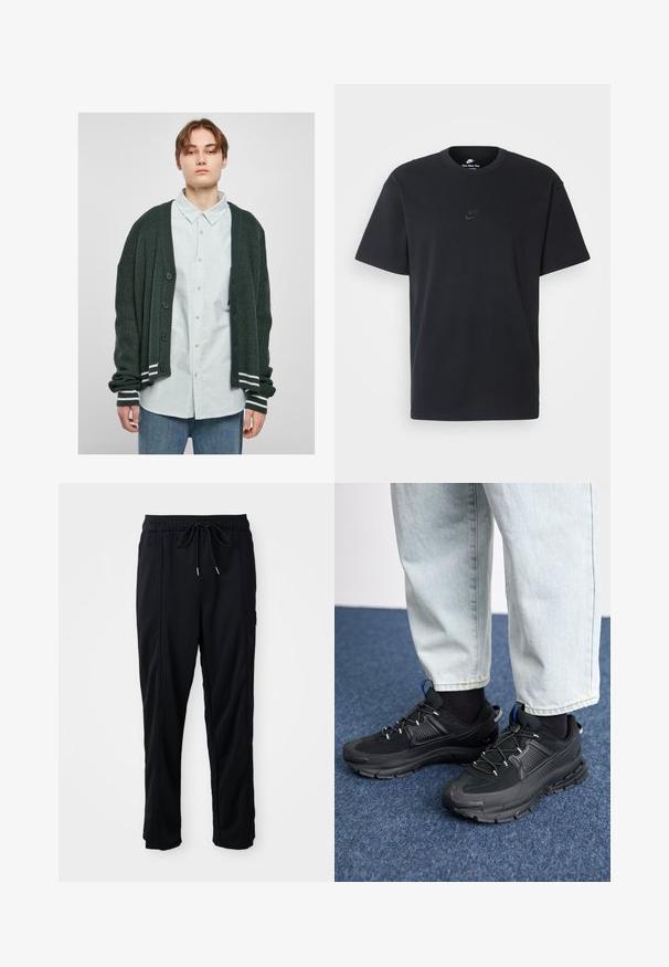 Cardigan tricoté vert foncé avec une texture côtelée, présentant une fermeture à boutons, des accents rayés blancs aux poignets, porté par-dessus une chemise à rayures claires.; T-shirt en coton noir Nike avec un col rond classique, des manches courtes et un logo embossé subtil sur la poitrine. Texture lisse.; Pantalons décontractés noirs à taille à cordon de serrage avec poches latérales et coupe droite sur fond uni.; Des chaussures de sport noires avec un tissu texturé et des semelles en caoutchouc, dotées de lacets élastiques et d'un accent bleu au talon. Portées avec un pantalon en denim clair.